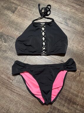 PINK Victoria's Secret Black with Pink Lined Bikini Set
